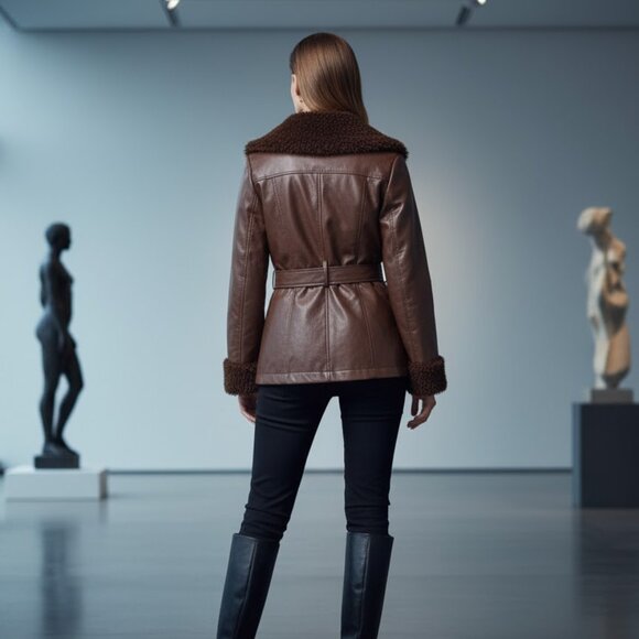 F21 Dark Chocolate Brown Faux Leather Fur Trimmed Belted Retro 90's 70s Jacket L - Picture 2 of 9